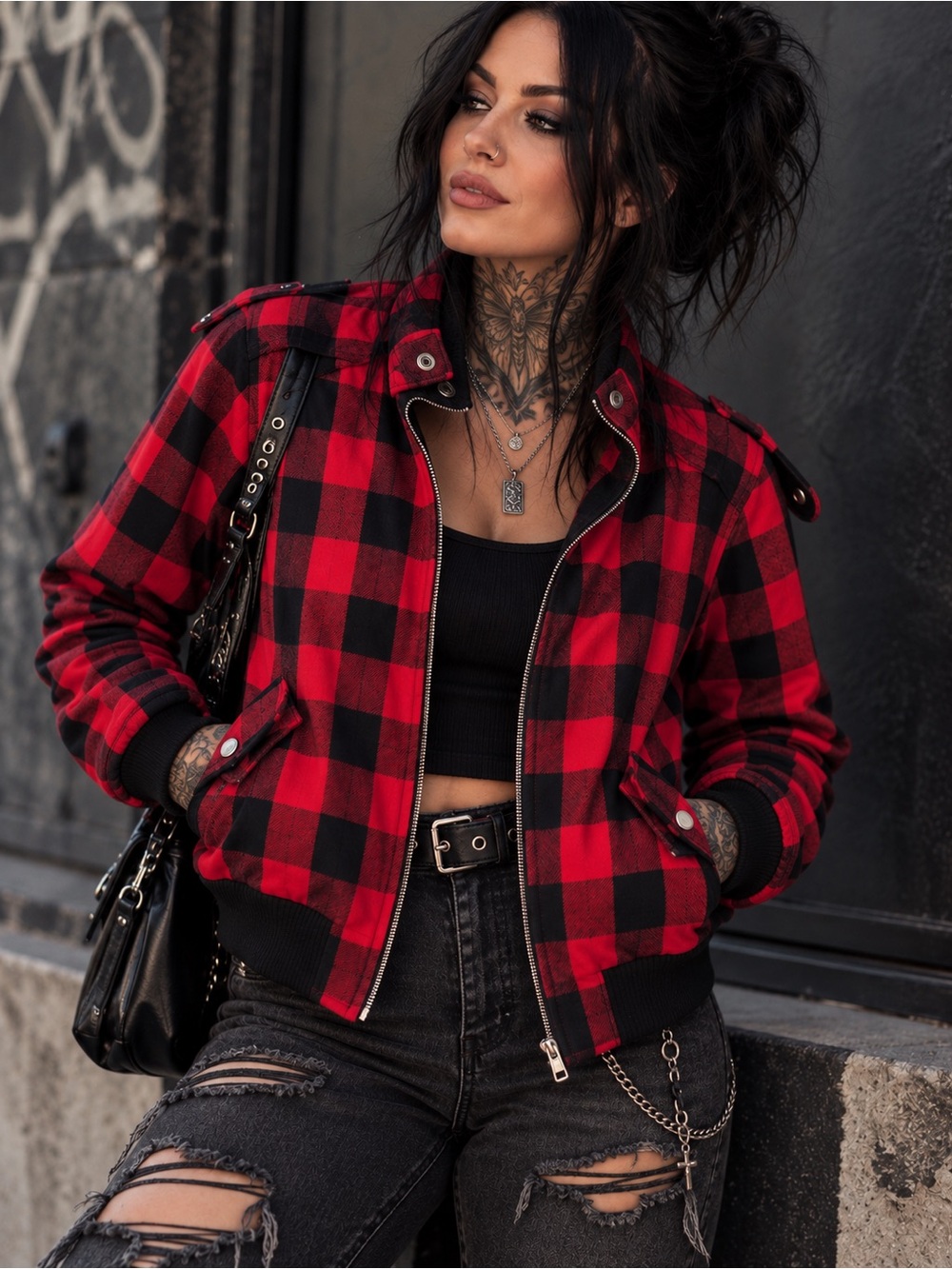 Forever 21 Red & Black Plaid Bomber Jacket for Women